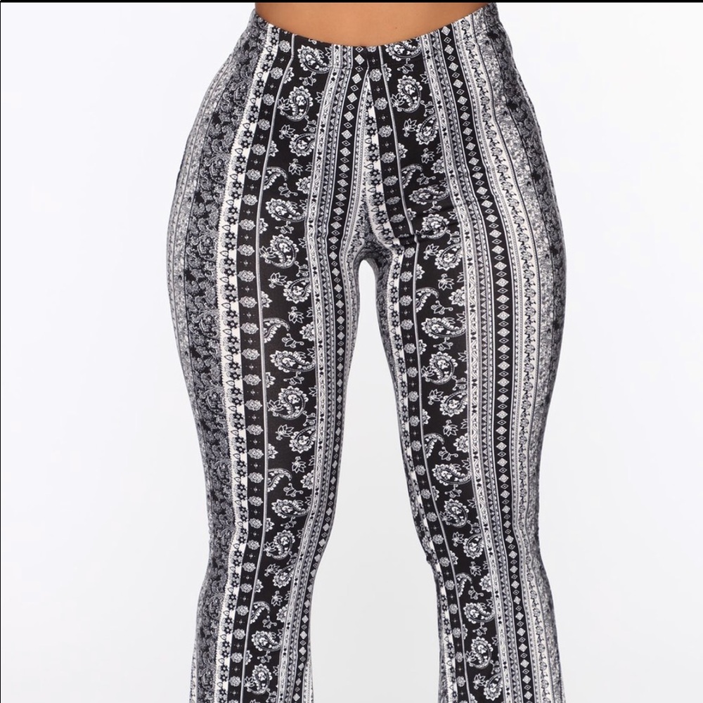 Black and white patterned bell bottom pants